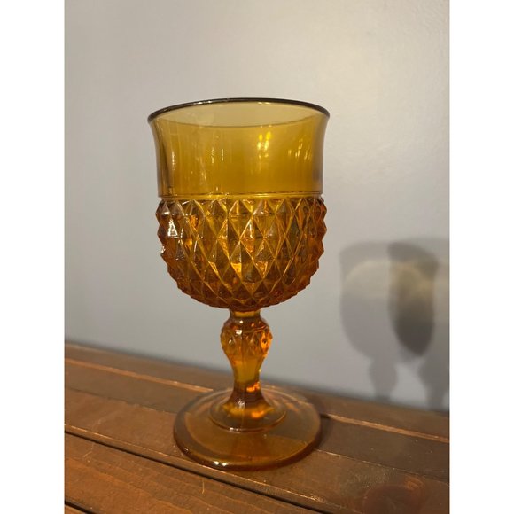 Vintage Indiana Glass Diamond Point Goblet Amber Single, Replacements, MCM - Picture 1 of 5